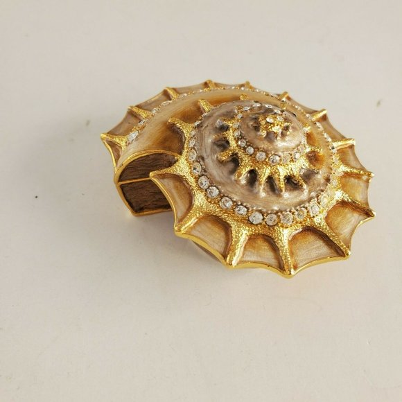 Bejeweled Enamel Inlay Sea Shell Hinged Trinket Box Rhinestones Gold - Picture 2 of 10